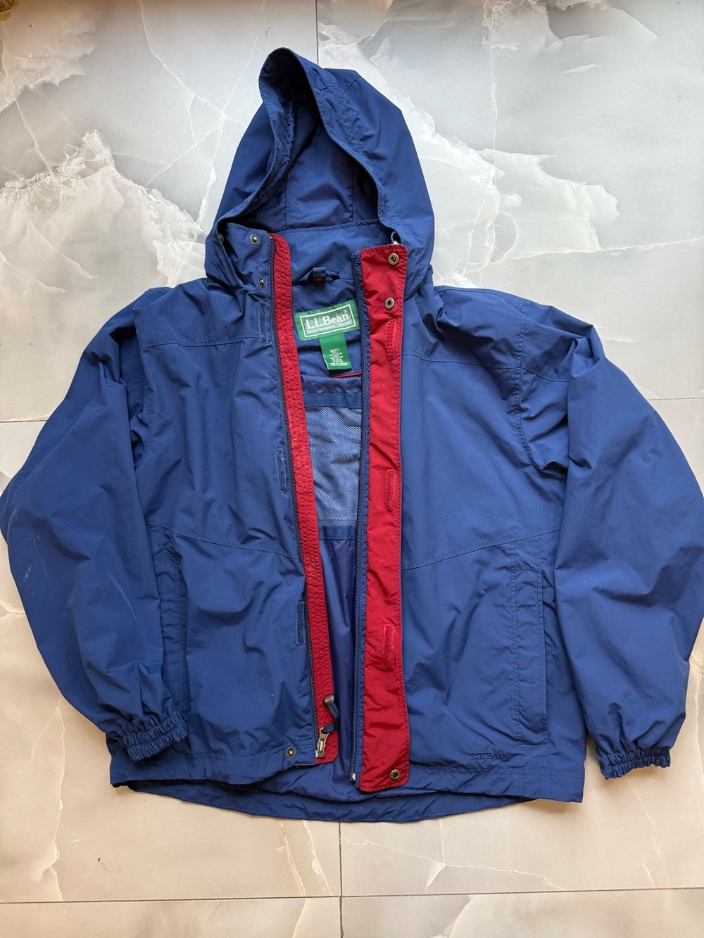 Vintage L.L. Bean Men’s Waterproof Hooded Jacket in Navy with Red Trim